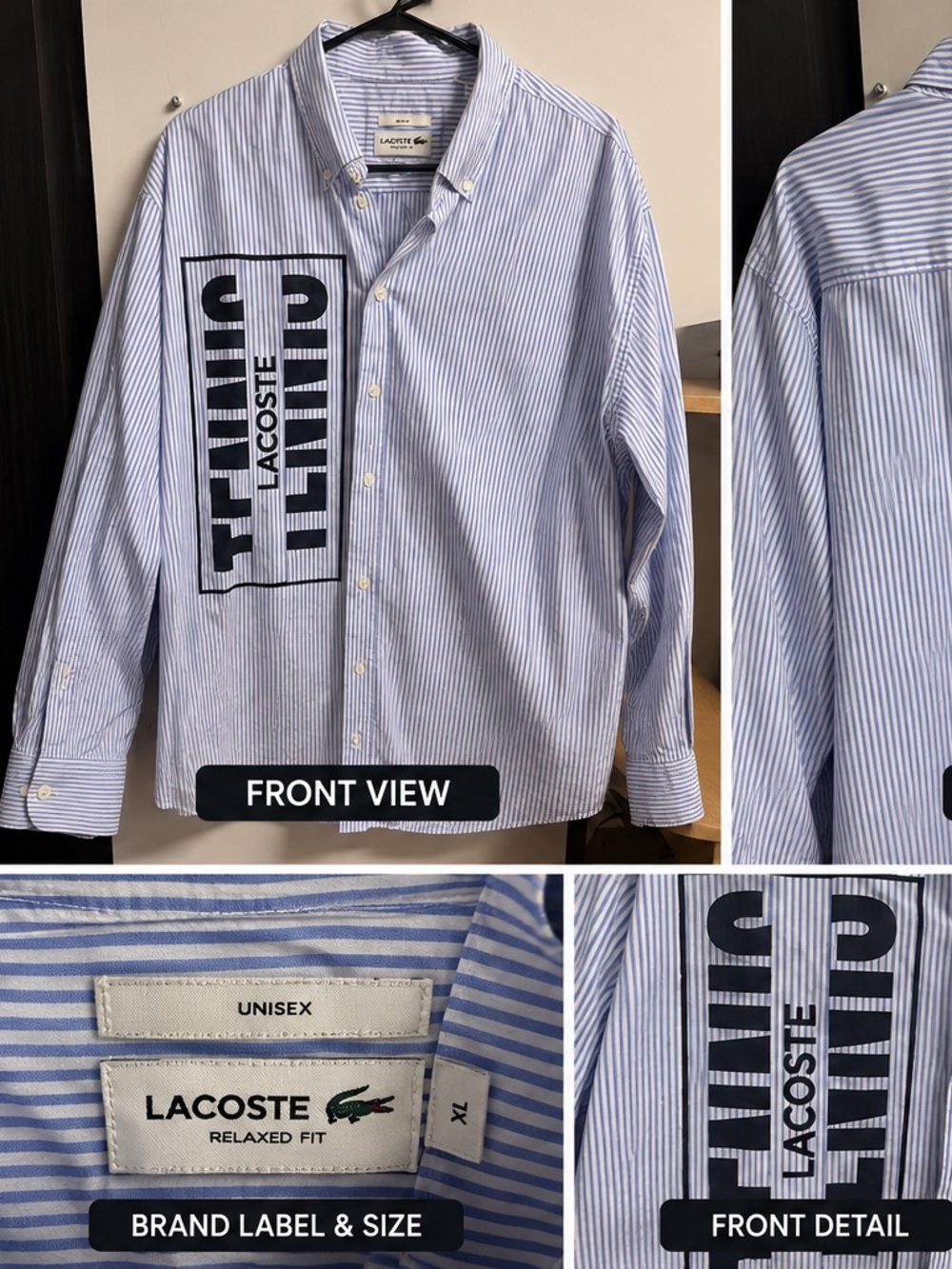 Lacoste Men’s Light Blue and White Striped Button-Down Shirt with Black Graphic
